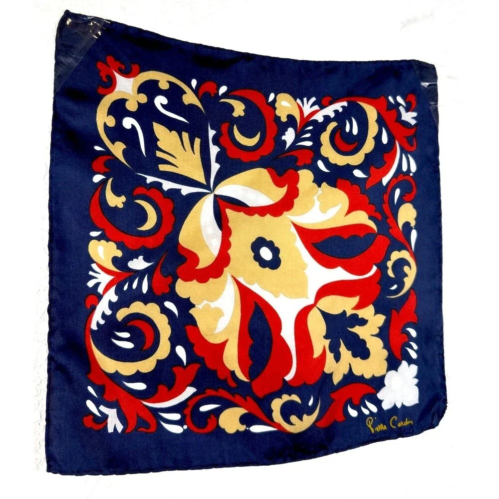 Vintage Pierre Cardin 100% Silk Scarf 14” Navy Red Gold Baroque Floral Mod Boho